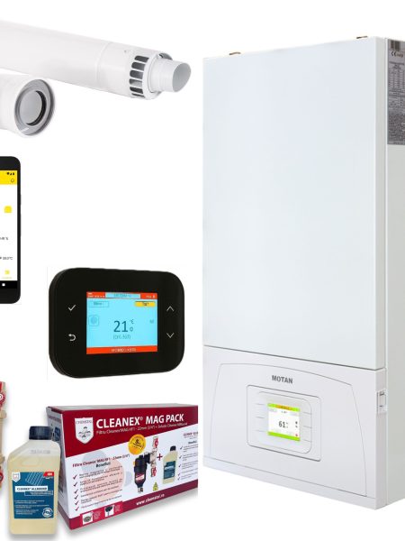 Set centrală termică Motan Condens Plus 200 AI 25/28 kW + termostat smart + pachet Cleanex